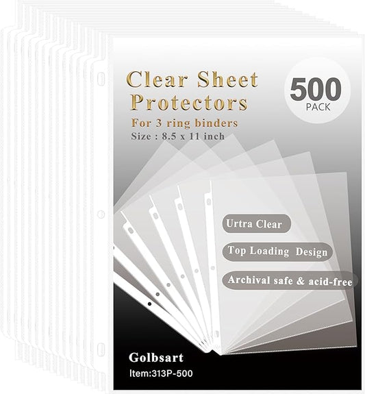 Clear Sheet Protectors for 3 Ring Binder, 500 Pack Plastic Sleeves for Paper by Golbsart