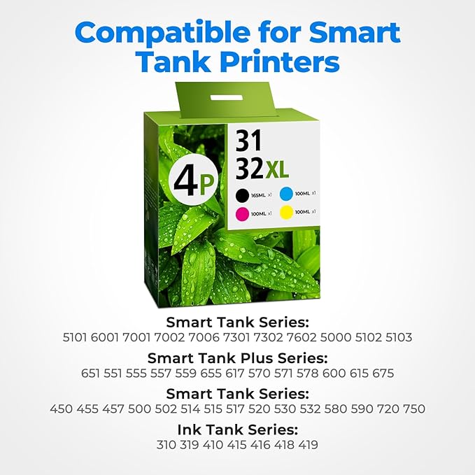 31 Ink 32XL Black Ink Bottle Set, Smart Tank 5101 7602 6001 651 Ink RefillCompatible with HP 31 32XL Ink Bottle Set for Smart Tank 7602 5101 5000 651 5103 6001 7301 7302 7001 5102 7006 7002 Printers-DeskLoop Office
