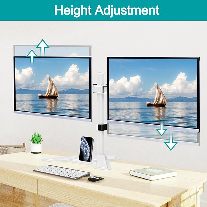 MOUNT PRO Dual Monitor Stand, Free-Standing Full Motion Monitor Desk Mount Fits 2 Screens up to 27 inches,17.6lbs with Height Adjustable, Swivel, Tilt, Rotation, VESA 75x75 100x100,White-DeskLoop Office