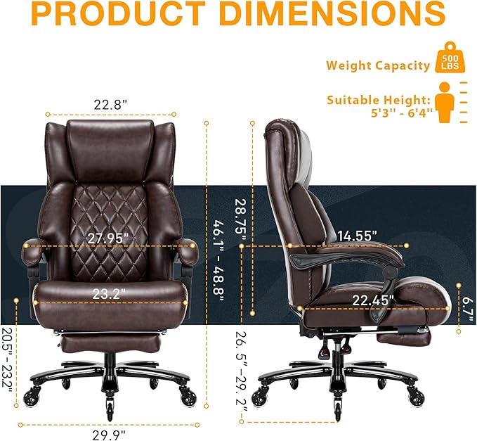 500 LBS Big and Tall Office Chair with Foot Rest High Back Recline Ergonomic Chair for Heavy People, Executive Office Chair Comfortable for Home Office, Large Computer Desk Chair Brown-DeskLoop Office