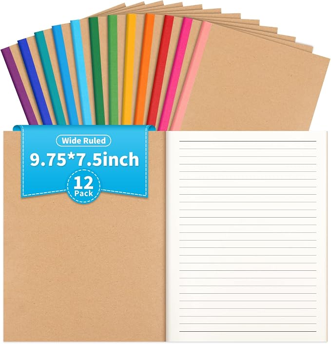 12 Pack Lined Notebook Journals Bulk, 7-1/2" x 9-3/4", Wide Ruled Paper by ALKALO