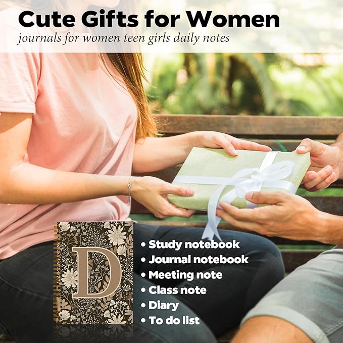 Initial D Personalized Journal Notebook, Boho Floral Journaling Notebooks for Women Girls, Costom Monogrammed Gifts for Women Mom Girls Friends, Letter Spiral Notebook, 5.5x8.3-DeskLoop Office