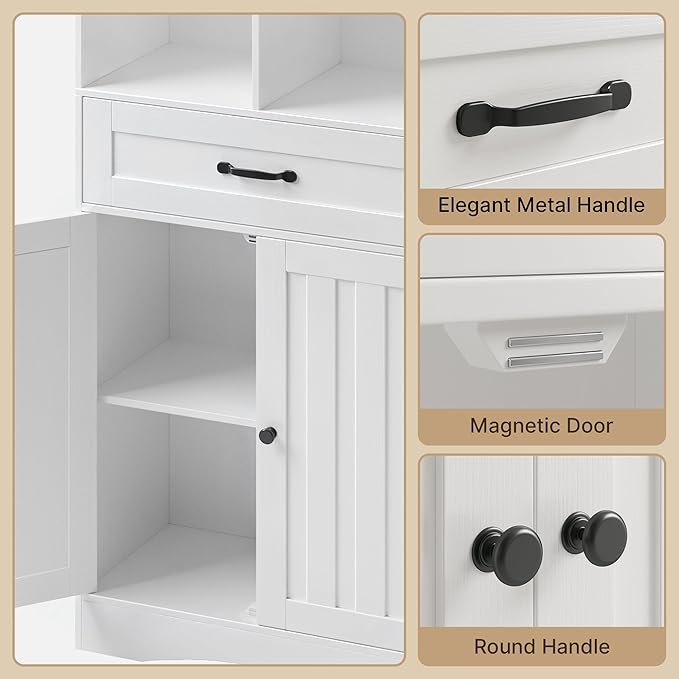 Gizoon Storage Cabinet, 71'' H Kitchen Storage Cabinet with Doors & Drawers, Kitchen Pantry with Adjustable Shelves, Anti-tip, Metal Handle, for Living Room, Office, Bathroom, White-DeskLoop Office