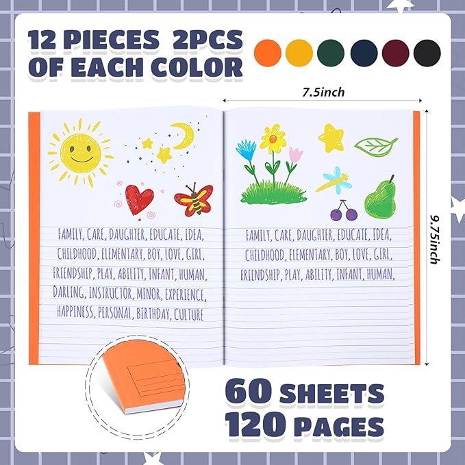 Henoyso 12 Pcs 120 Pages Primary Composition Notebooks K-2 9 3/4 x 7 1/2 Inch Journals Primary Journals Blank Books for Kids to Write Stories Kindergarten (Dark Color)-DeskLoop Office