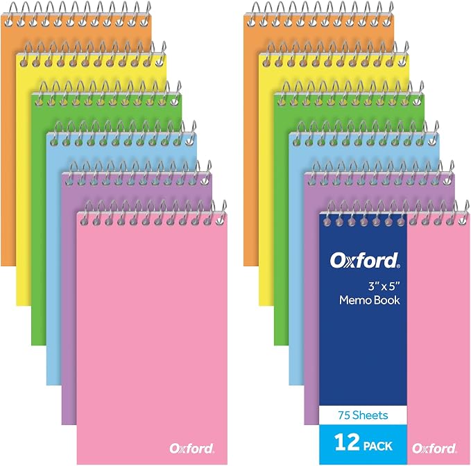 Oxford Spiral Memo Pads, Top Wire Bound, 3 x 5 Inch Pocket Notepad, College by Oxford