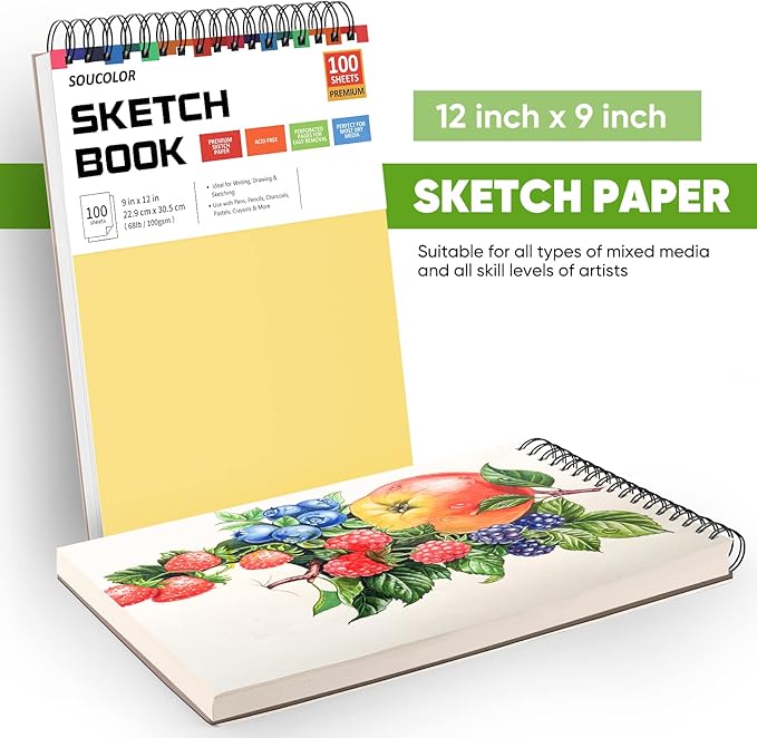 College Graduation Gifts, Halloween Christmas Gifts, Nursing Student Essentials, Teacher Appreciation Gifts, Soucolor 9" x 12" Yellow Sketch Book, 1-Pack 100 Sheets Spiral Bound Drawing Paper-DeskLoop Office