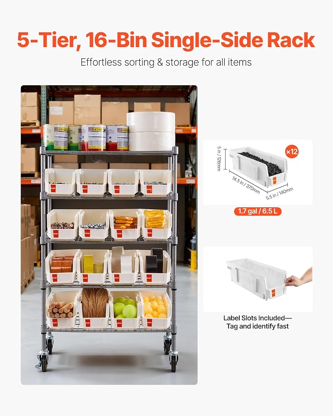 VEVOR 5-Tier Rolling Bin Storage Rack, 16 Organizer Bins, Bin Rack Storage - Image 4