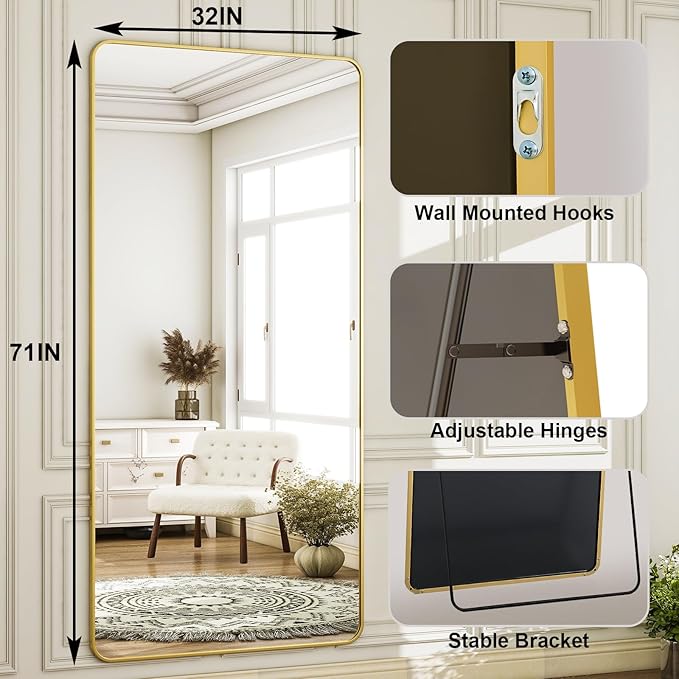 HARRITPURE 71x32 inch Rounded Full Length Mirror Aluminum Frame Gold Mirror Full Length Floor Mirror with Stand for Living Room Bedroom Cloakroom-DeskLoop Office