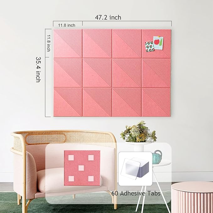 Large Cork Board for Walls 48"x 36", 12 Pack Felt Wall Tiles with Safe Removable Adhesive Tabs, Cork Board for Office,Pinboard Bulletin Board - Pink-DeskLoop Office