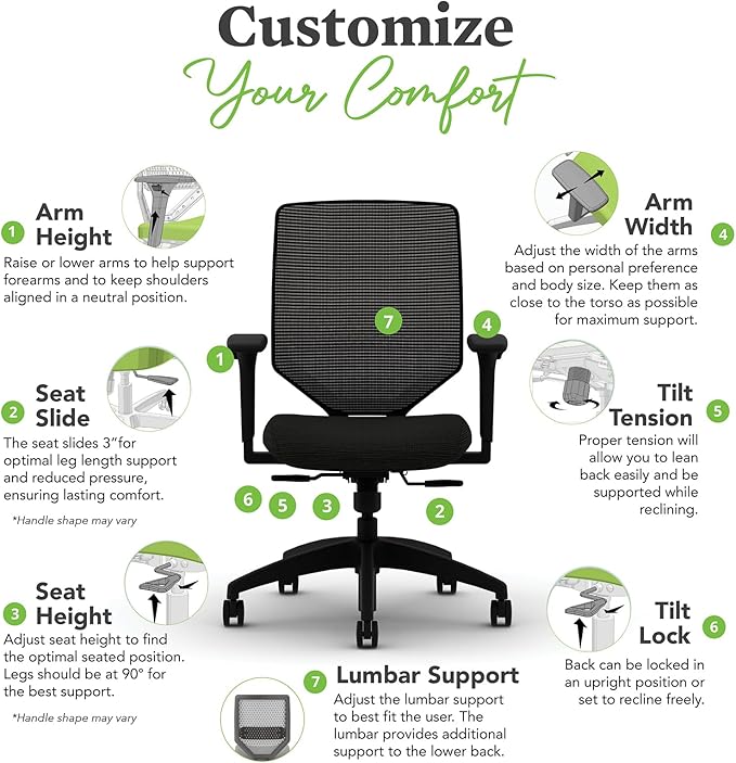 HON Solve Mesh Back Office Chair with Adjustable Arms, Adjustable Height, Tilt Tension, Lumbar Support, Swivels, on Rolling Wheels, Midnight
