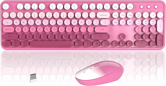 Colorful Wireless Keyboard and Mouse Combo, COVEVA 2.4GHz Wireless Retro Cute Round Keycaps Keyboard, 104 Keys Full-Sized Keyboard Mouse Set with Switch Button for PC Laptop Desktop (Pink Gradient)-DeskLoop Office