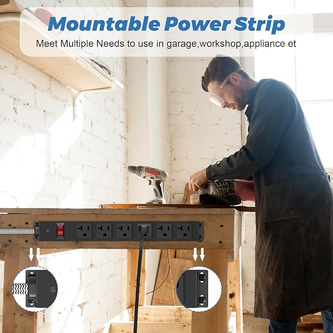 HEZI 20 Amp Power Strip with 5-20P/T- Plug, Heavy Duty High Amp Metal Surge Protector, Mountable Industrial Power Strip with 6AC Outlets(5-20R) and Circuit Breaker, 6FT 12AWG Extension Cord-DeskLoop Office