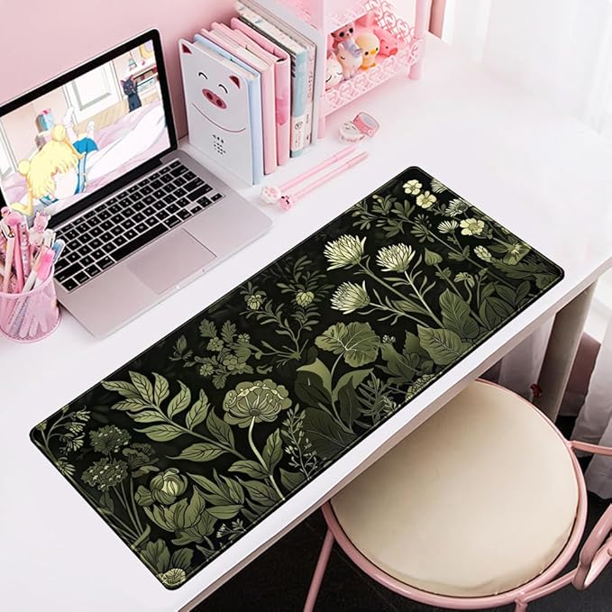 Sage Green Floral Black Plant Desk Pad Retro Aesthetics Mouse Pad Large Gaming Mouse Mat for Office Computer Keyboard Laptop Home with Stitched Edges,Non-Slip Base 31.5 X 11.8 in-DeskLoop Office