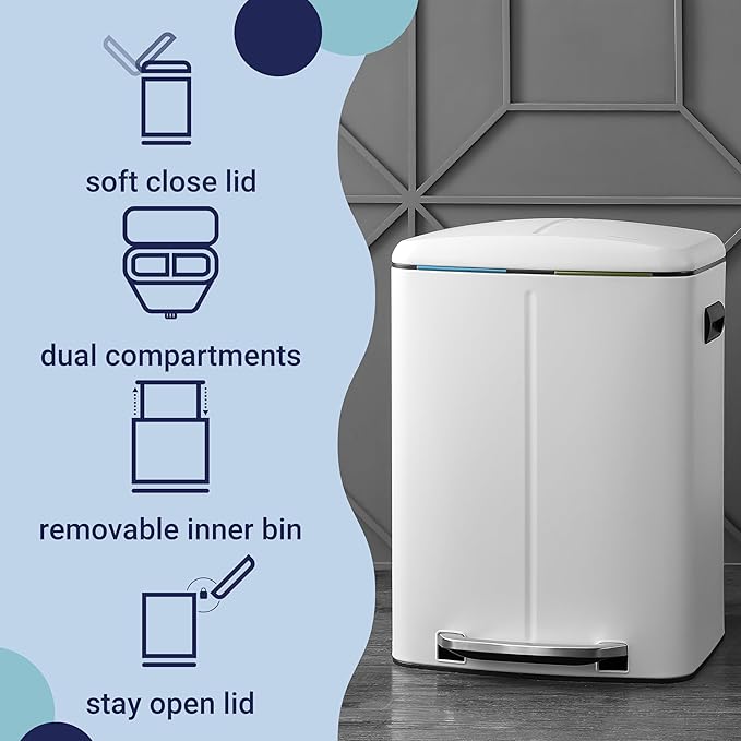 happimess HPM1005C Marco Rectangular 10.5-Gallon Double Bucket Garbage Can with Soft-Close Lid, White