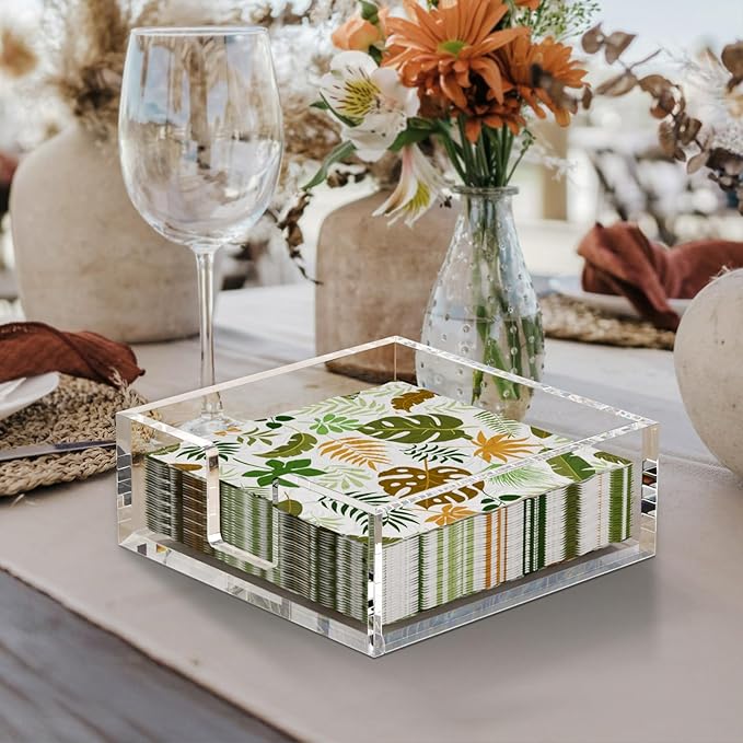 HIIMIEI Acrylic Napkin Holder for Table: Square Cocktail Napkin Dispenser, Flat Guest Towel Holder Tray, Disposable Hand Towel for Bathroom, Kitchen, Bar, Dinner, Party（Clear）-DeskLoop Office