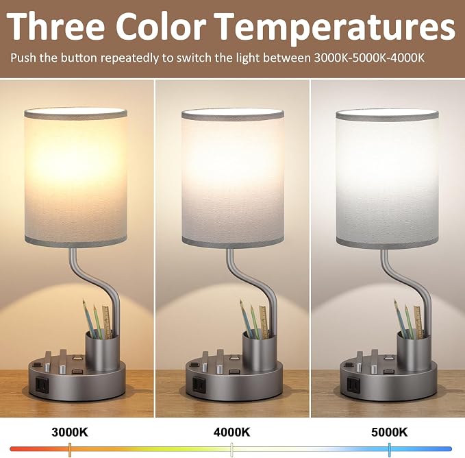 Grey Bedside Table Lamps for Bedroom Set of 2 - Image 3