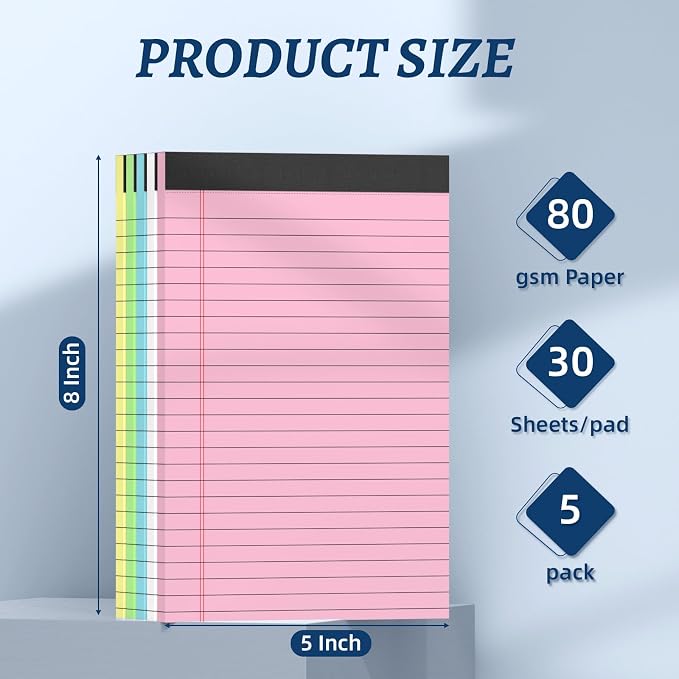 5 Pack 5 x 8 Inch Colored Legal Pads, 5 Bright Colors Double-Sided Lined - Image 2