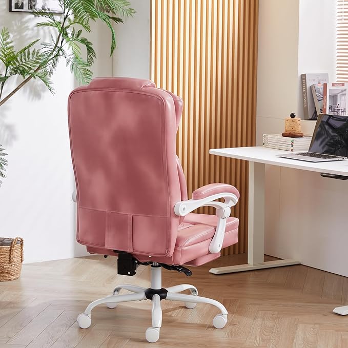 Ergonomic Office Chair with Foot Rest, Executive Chair with Footrest PU Leather Computer Chair, Big and Tall Chair Reclining Desk Chair, Thick Padded Coil Spring Seat, 400 lbs Capacity (Pink)-DeskLoop Office