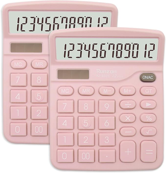 2PC Pink Calculator, Solar Battery Dual Power Calculator,Desktop Calculator 12 Digit with Large LCD Display, Pink Office Supplies with Sensitive Button, Pink Desk Accessories, School Supplies-DeskLoop Office
