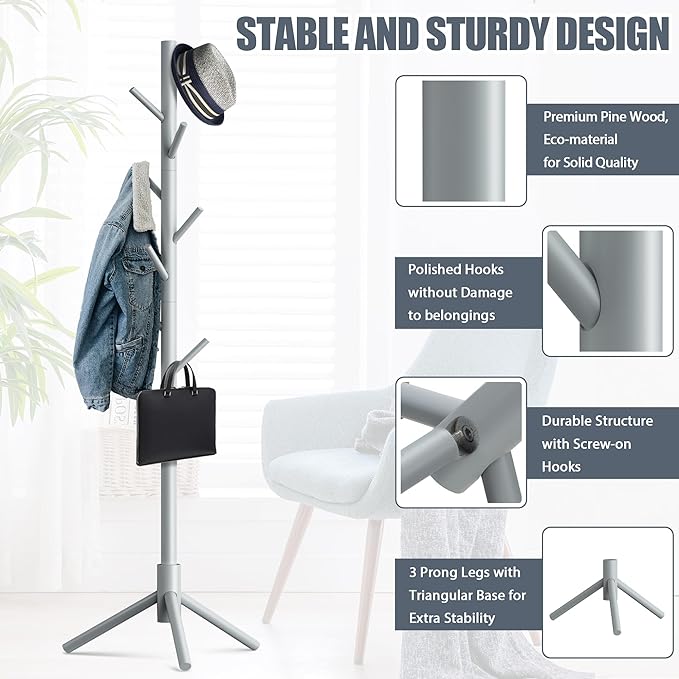 Haddockway Wooden Coat Rack Stand with 8 Hooks New Zealand Pine 3 Adjustable Coat Standing Tree Easy Assembly for Coats, Hats, Scarves and Handbags for Entryway, Hallway, Bedroom, Office-DeskLoop Office