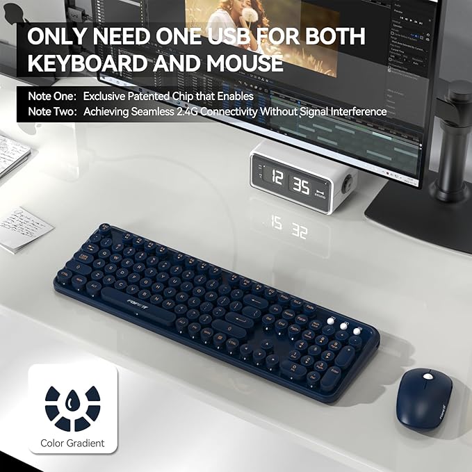 FOPETT Wireless Keyboard and Mouse Combo, 104 Keys Full-Sized 2.4 GHz Round Keycap Colorful Keyboards, USB Receiver Plug and Play, for Windows, Mac, PC, Laptop, Desktop (DarkBlue)-DeskLoop Office