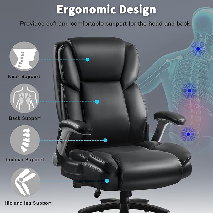 Big and Tall Office Chair 600LBS, Heavy Duty Office Chair for Heavy People, High Back Executive Office Leather Chair with Adjustable Armrests and Lumbar Support, Black Ergonomic Big Tall Chair-DeskLoop Office