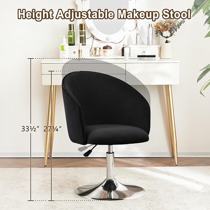 Furnimart Black Velvet Adjustable Height Vanity Chair, Swivel Makeup Chair for Living Room, Bedroom, Dressing Room-DeskLoop Office