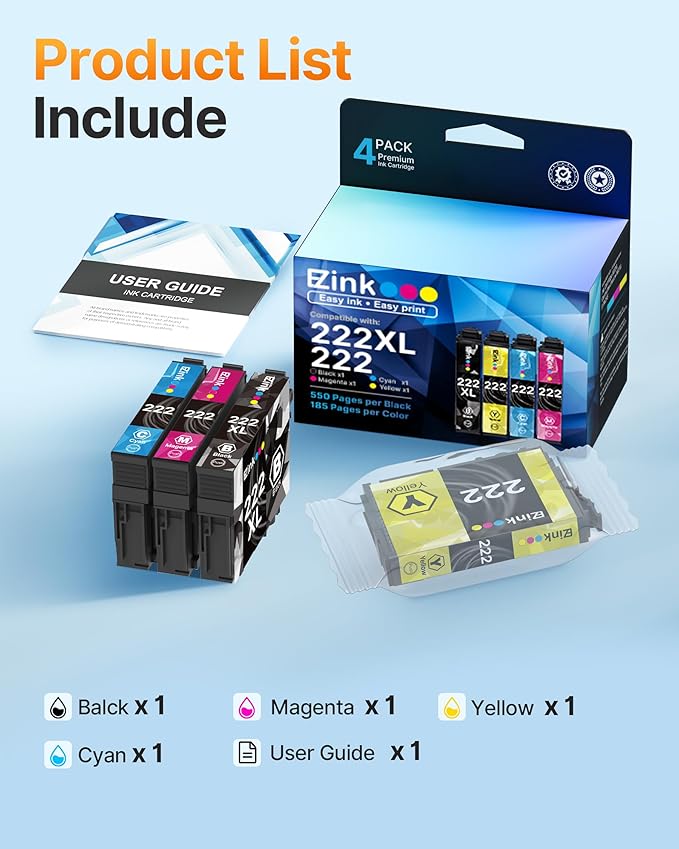 E-Z Ink Remanufactured for Epson 222 222XL Ink Cartridges Combo Pack High Yield Work for Workforce WF-2960, Expression Home XP-5200 Printer (Black, Cyan, Magenta, Yellow)-DeskLoop Office