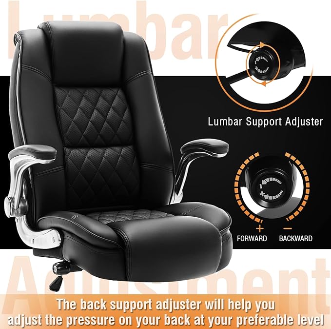 High Back Office Chair- Flip Arms Adjustable Built-in Lumbar Support, Executive Computer Desk Chair Work Chairs, Thick Padded Strong Metal Base Quiet Wheels, Ergonomic Design for Back Pain-DeskLoop Office
