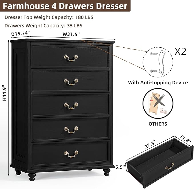 Farmhouse 5 Drawer Dresser for Bedroom, 45" Tall Rustic Chests of Drawers w/ 4 Solid Wood Feet, Mid Century Modern Wooden Closet Storage Dressers Organizer for Living Room, Hallway, Black-DeskLoop Office