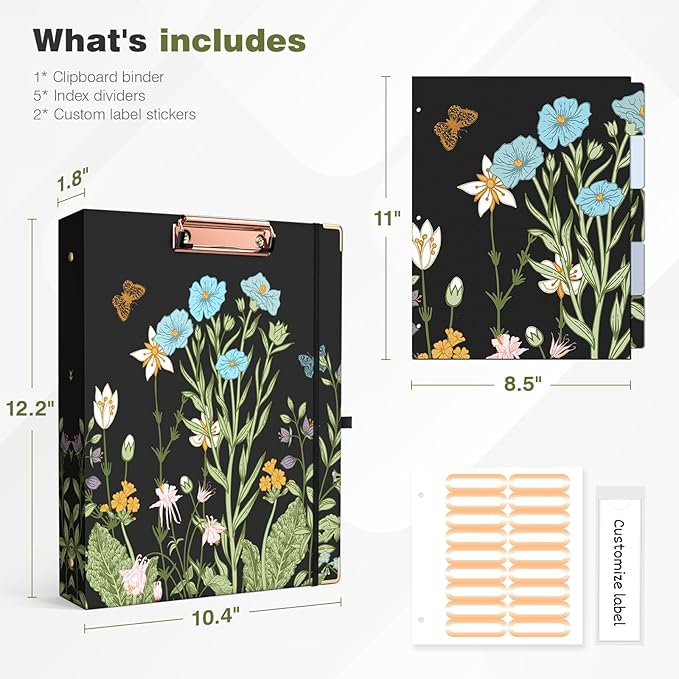Ospelelf Binder 3 Ring 1 Inch, Floral Round Ring Clipboard Binder - Image 3