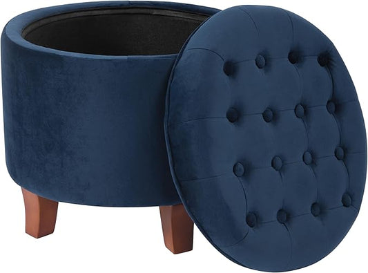 HomePop by Kinfine Fabric Upholstered Round Storage Ottoman - Velvet Button Tufted Ottoman with Removable Lid, Navy Blue-DeskLoop Office