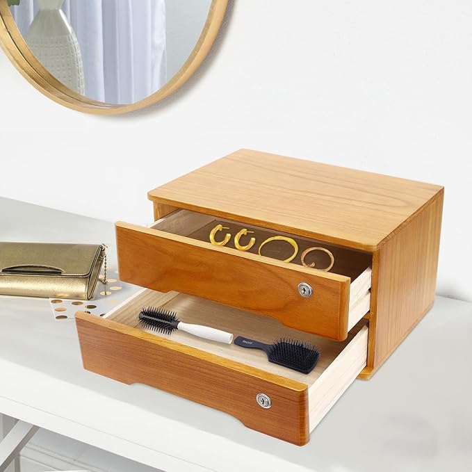 Lockable Desk Organizer Wooden Desktop Drawers Office Flat Files Storage Box - Image 8