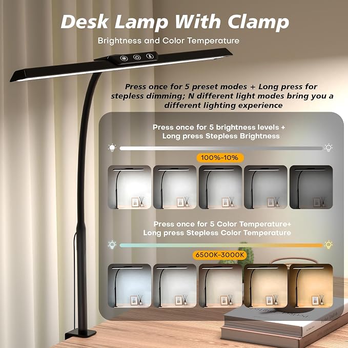 LED Desk Lamp for Office Home, Stepless Dimming Architect Desk Light - Image 2