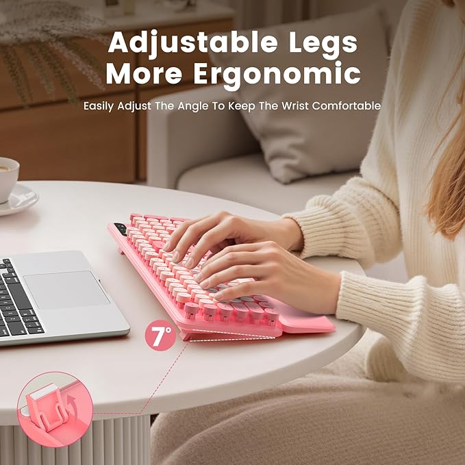 Wireless Keyboard, Round Keycaps, Retro Typewriter Keyboard with Detachable Wrist Rest, Sleep Mode, Foldable Legs, 2.4GHz Full-size Cordless Computer Keyboard for Windows/PC/Laptop (Baby Pink)-DeskLoop Office