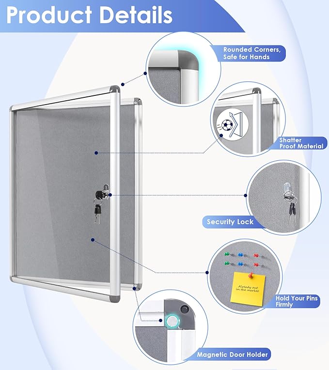 SWANCROWN Enclosed Bulletin Board Lockable Noticeboard Case with Aluminium Frame,Grey Felt, 20x14inch (2xA4)-DeskLoop Office