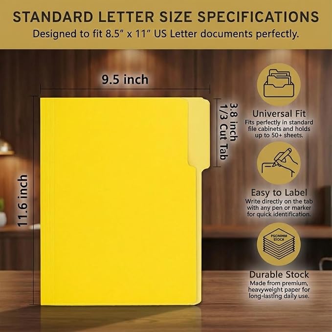 100 Packs Yellow File Folder, 1/3-Cut Tabs, Paper File Folders Letter Size - Image 2