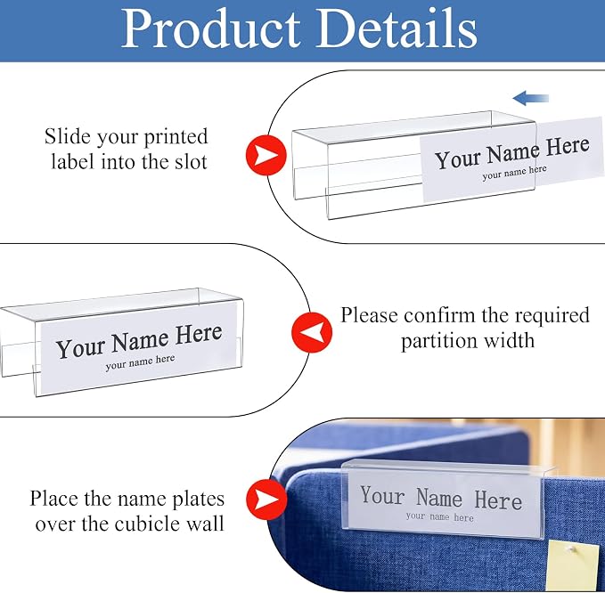 Fumete 10 Pack Double Sided Cubicle Acrylic Name Plate, 8.5" x 2.5" Ultra High - Image 3