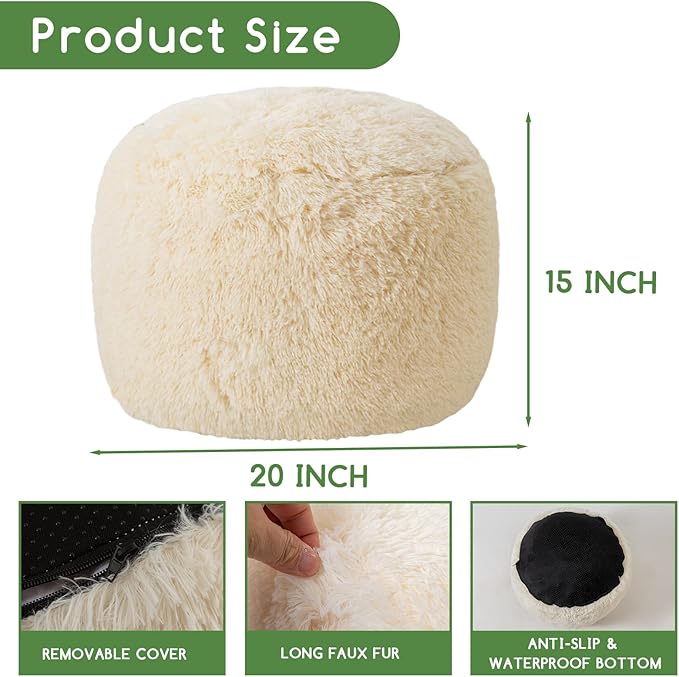 HIGOGOGO Round Stuffed Pouf Ottoman, Long Faux Fur Poufs with Foam Chunk Filling, Fluffy and Furry Pouf Foot Stool Storage Ottoman, 20 X 15 Floor Poufs Foot Rest for Living Room, Beige-DeskLoop Office