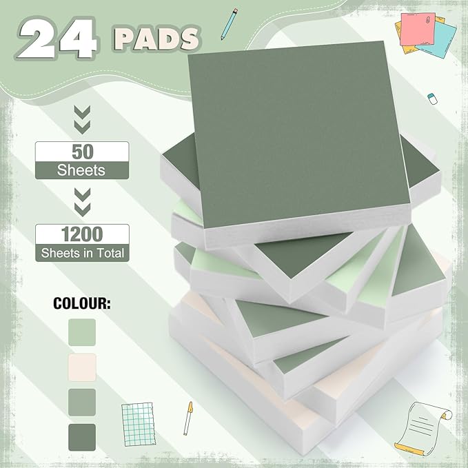 Fainne 24 Pack Sticky Notes Bulk Back to School Supplies Self Stick Note Pads Paper Memo for Office First Day of School Student Teacher Essentials (2 x 2 Inches,Green)-DeskLoop Office