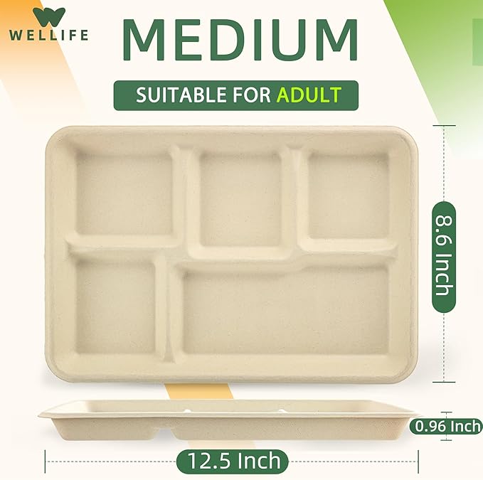WELLIFE 100% Compostable 5 Compartment Paper Plates, 100 Pack Disposable School - Image 2