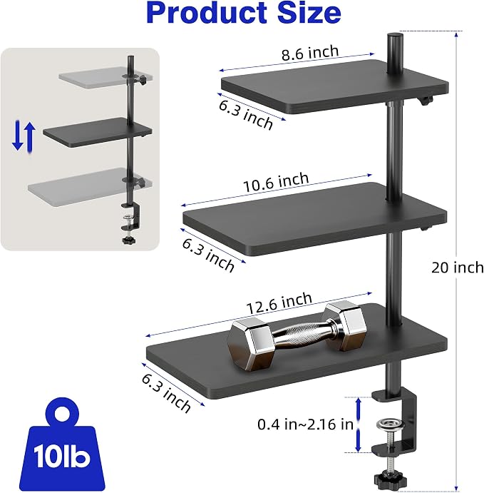 3 Tiers Clamp On Desk Shelf, 360° Angle Adjustable Desktop Shelf Organizer - Image 2