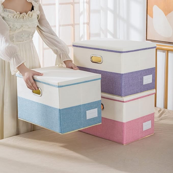 PRANDOM Large Collapsible Storage Bins with Lids [3-Pack] Fabric Foldable Storage Boxes Organizer Containers Baskets Cube with Cover for Home Bedroom Closet Office Pink&Cream(17.7x11.8x11.8)-DeskLoop Office