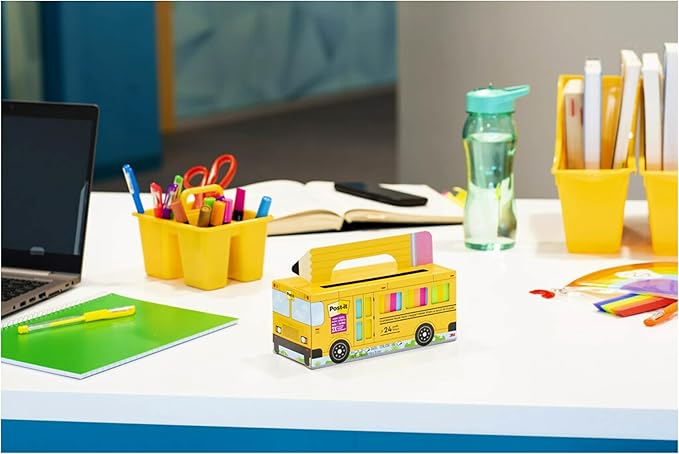 Post-it Super Sticky Notes Value Pack, 24 Pads, Convenient School Bus Carry and Storage Case, 2X The Sticking Power, 3x3 in, Bright Colors (Orange, Pink, Blue, Green, Yellow), Recyclable (654-24SSBUS)-DeskLoop Office