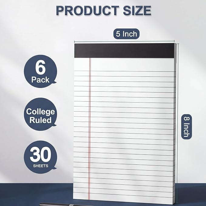 6 Pack Small Legal Pads 5x8 College Ruled White Note Pads 5x8 Writing Pads - Image 2