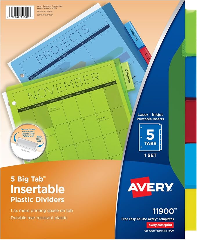 Avery Dividers for 3 Ring Binders, 5-Tab Plastic Binder Dividers, Insertable by Avery