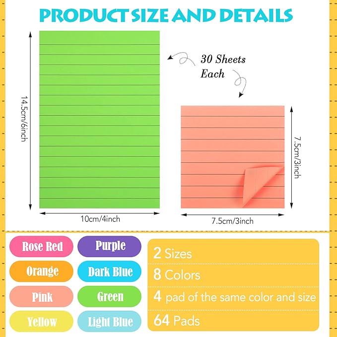 Yexiya 64 Pcs Lined Sticky Notes Self Stick Notes with Lines Bright Assorted Colors Sticky Pad for Home Office Products Post Memos, 1920 Sheets(4 x 6 Inch, 3 x 3 Inch,Vivid Color)-DeskLoop Office
