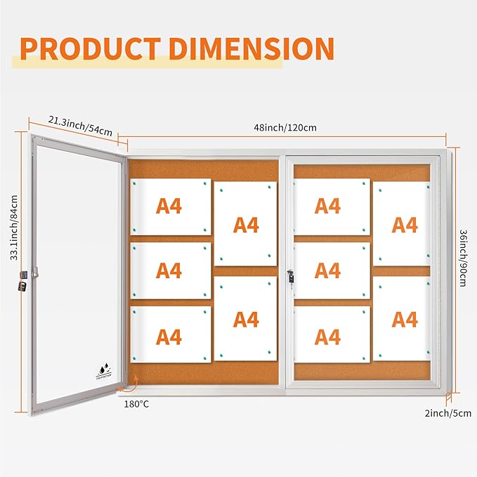 Lockable Outdoor Enclosed Bulletin Board, Weatherproof Cork Noticeboard with Locking Door, Wall-Mounted Aluminum Framed Display Case for Messages,36x24in (5xA4) (Silver Frame & Cork, 44x32 in)-DeskLoop Office