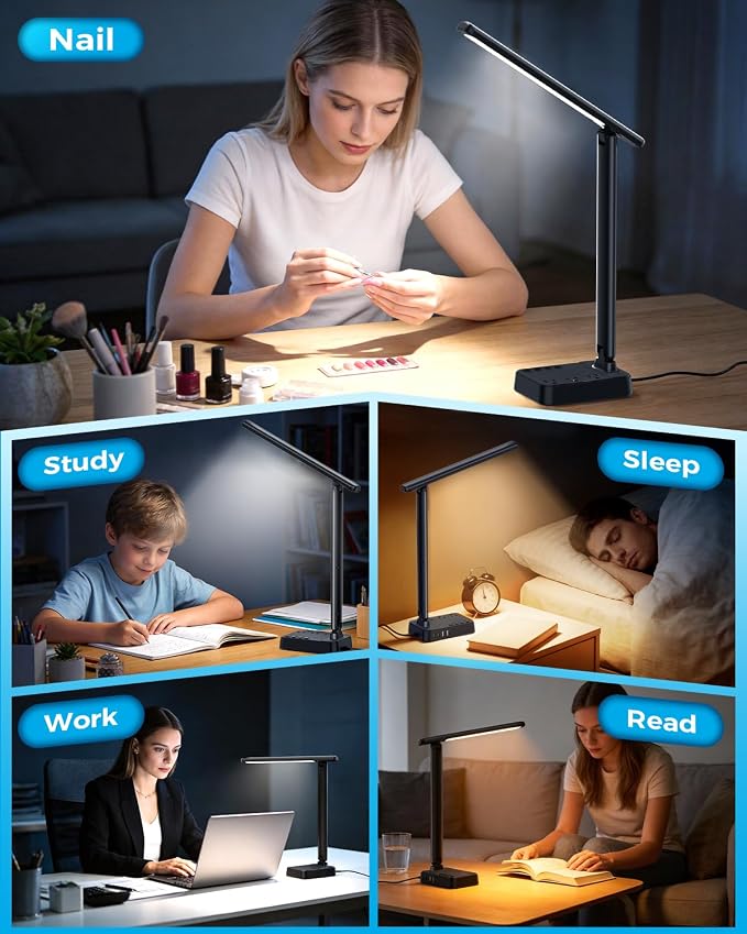 LED Desk Lamp with Power Strip, 3 AC Outlets & 4 USB Ports, Stepless Dimming & - Image 8