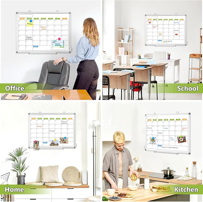 Monthly Calendar Dry Erase Whiteboard for Wall, 36" x 24" Magnetic Dry Erase Board, Hanging Double-Sided White Board, Portable Board for School, Planning, Memo, Home, Office, 2025 Calendar-DeskLoop Office
